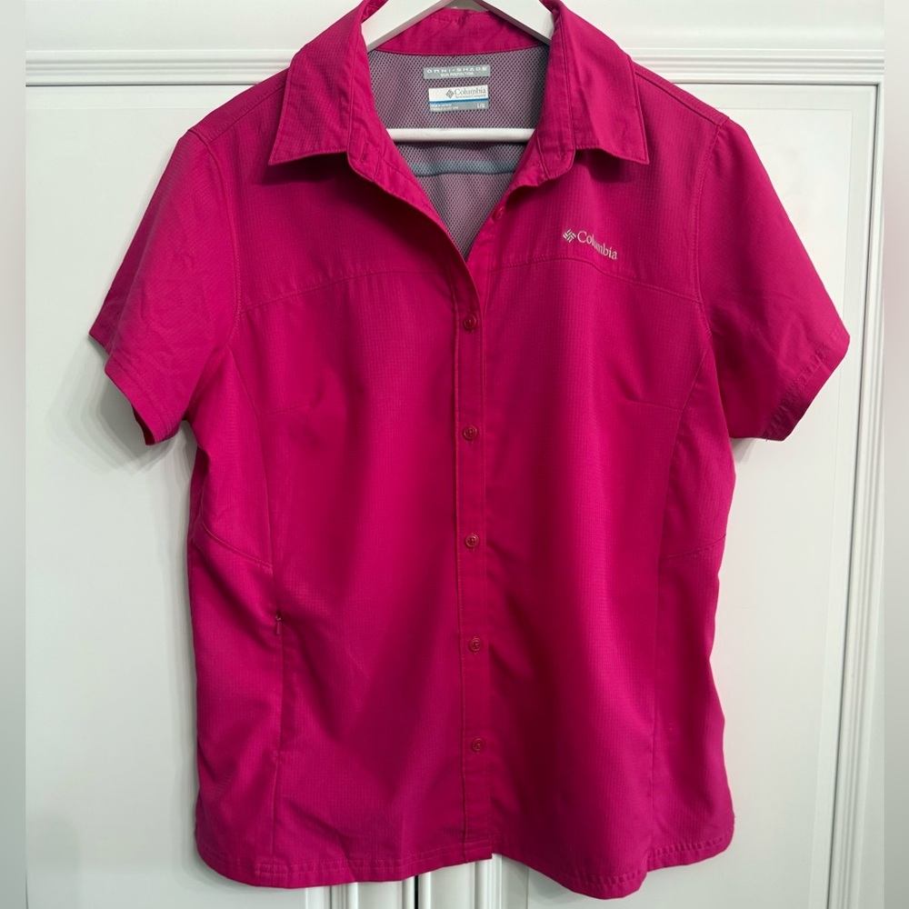 Columbia Large Fuchsia Omni-Shade Sun Protection Short Sleeve Button Down Shirt